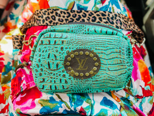 Leopard and Turquoise Bling Keep It Gypsy Leather Cross Body Bum Bag Fanny Purse