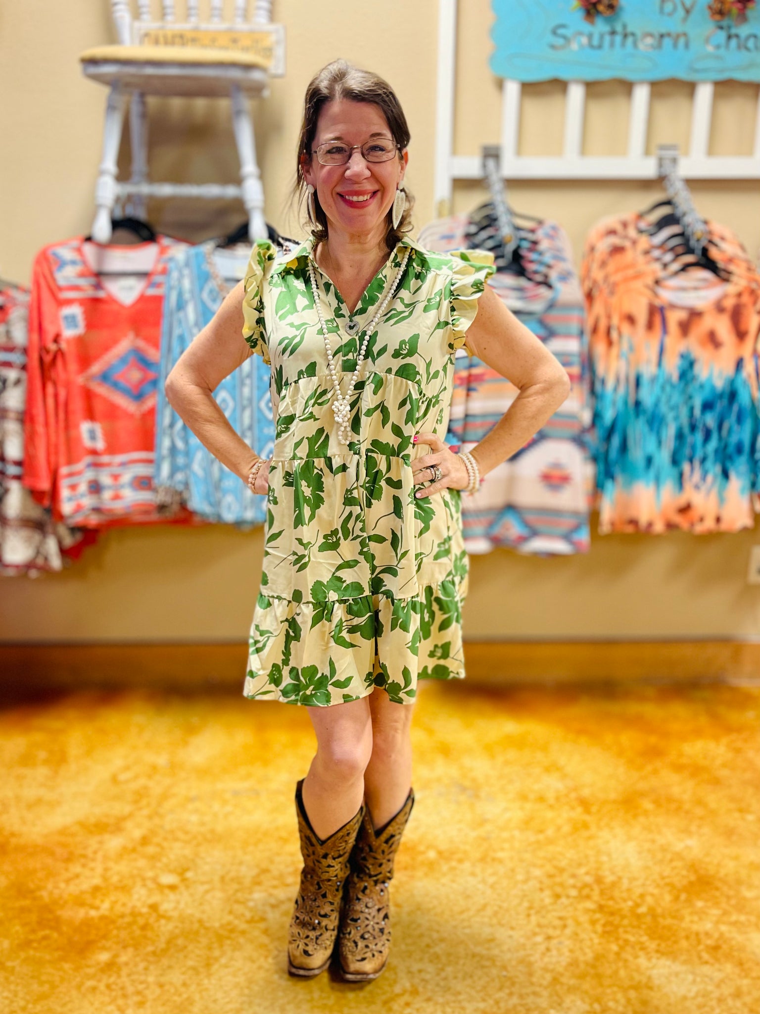 Ivy Cream and Green Floral Dress Flint Gypsies Ivy Cream and Green Floral Dress Flint Gypsies