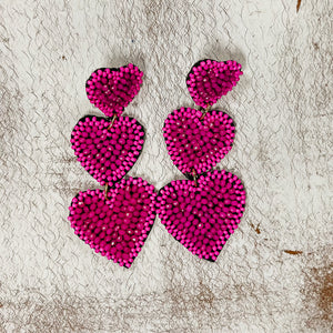 Fuchsia Triple Heart Beaded Earrings