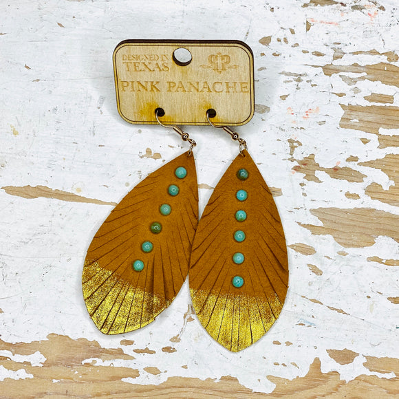 Saddle Tan Leather Dipped Feather Pink Panache Earrings