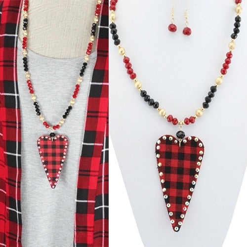 Plaid Heart Necklace with Earrings