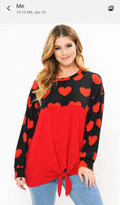 Red and Heart Twist Front Womens Top