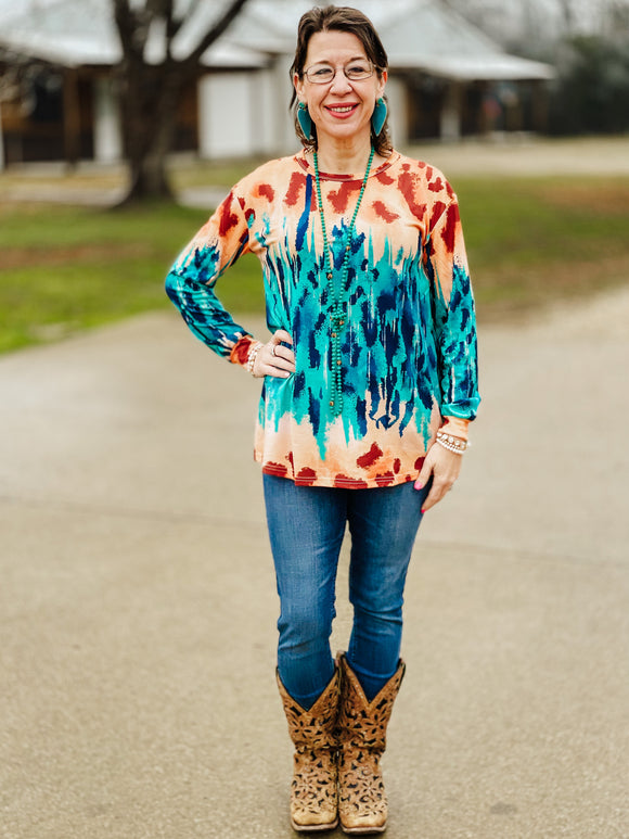 Turquoise and Leopard Long Sleeve Women’s Top