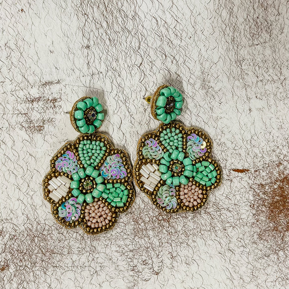 Turquoise Beaded Flower Earrings