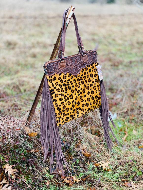 Acid Wash Cowhide Leopard and Fringe Bag
