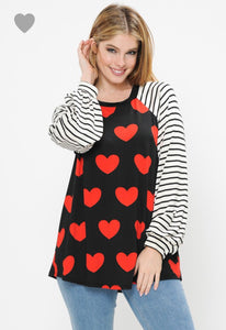 Stripe Sleeve and Heart Womens Top
